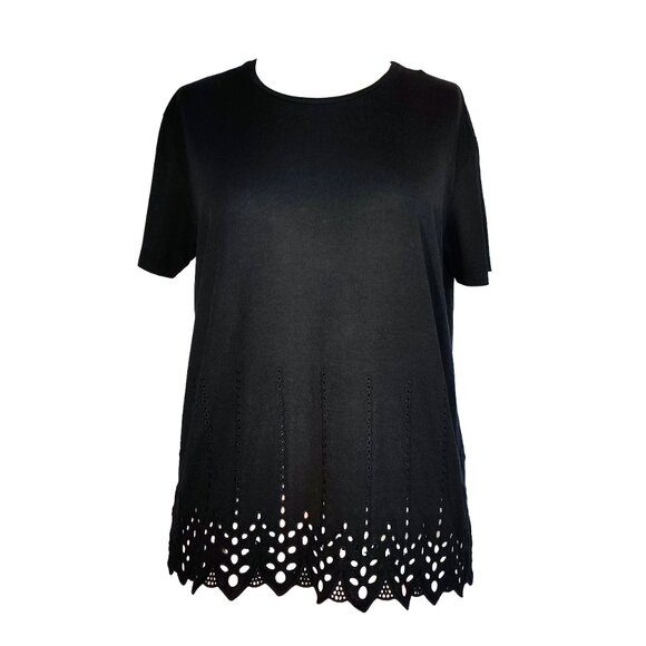 The Kooples Black Short-Sleeved Tee with Eyelet Lace Embroidery Hem - Small EUC - Picture 1 of 6